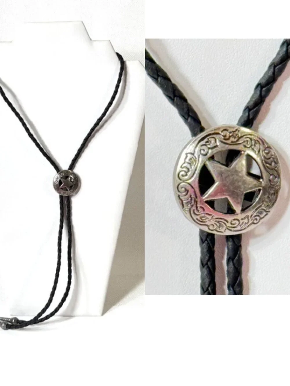 Silver-tone sheriff star and black cord western cowboy bolo tie.